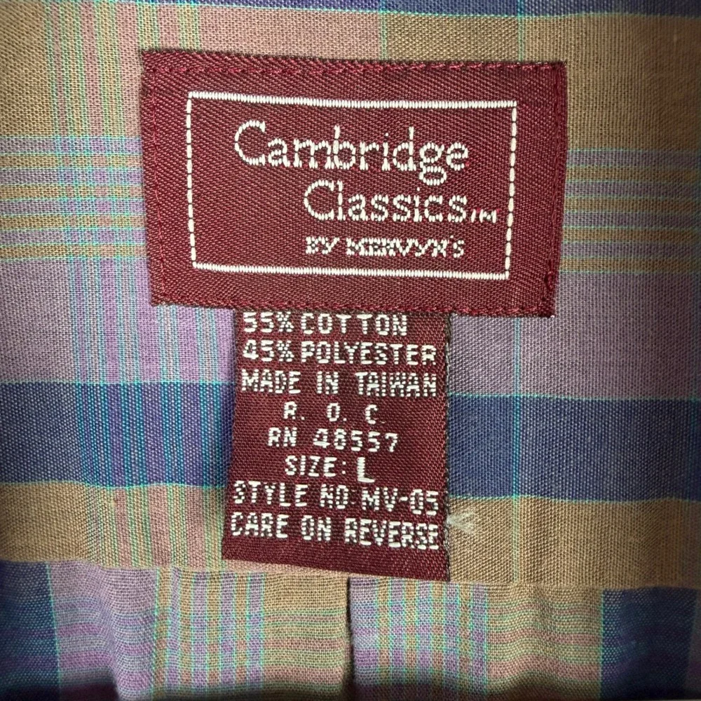 Cambridge Classics Men's Large Purple Brown Plaid Long Sleeve Button Down Shirt